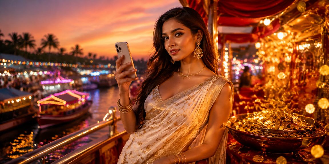 Woman using casino app on beach in Goa